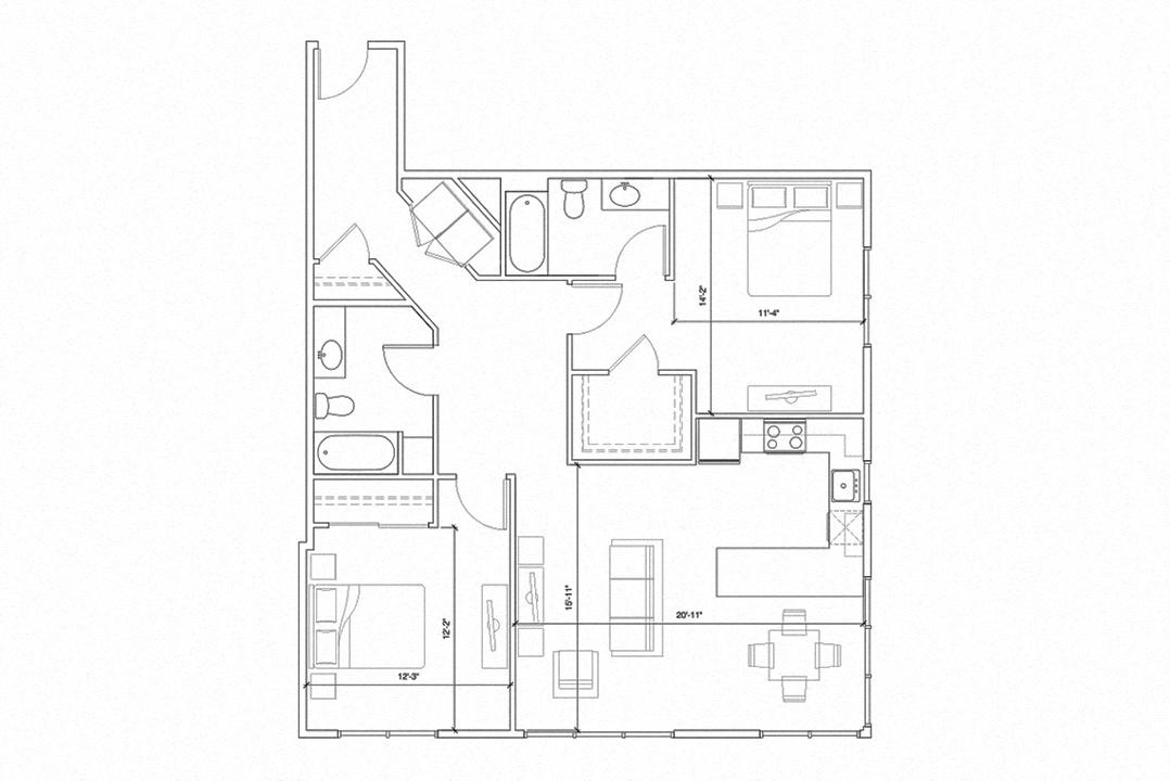 Floor plan for 2 beds, 2 baths, 1186 sqft